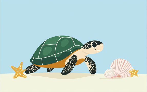 A simple cartoon turtle slowly walking on the beach, with seashells and starfish around it