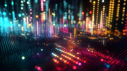 Futuristic dots background. Color music sound waves. Big data visualization. 3d rendering. 