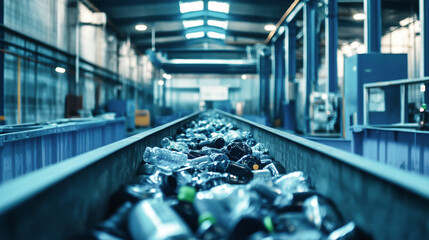 Obraz premium A conveyor belt transports black plastic bottles at a recycling plant, demonstrating modern waste management efforts in a spacious blue industrial setting