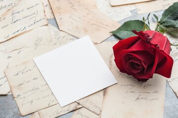 A pile of old love letters and postcards with an empty white square card in the center, with one red rose lying on top of them. The background is filled with other scattered handwritten notes.