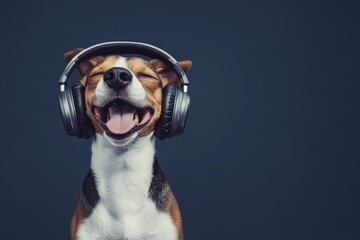Cute dog listening to music with headphones on. Musical pets banner.