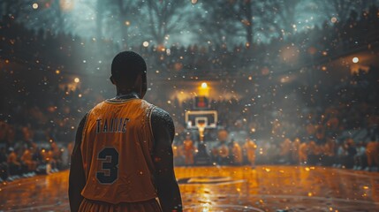 Male basketball player in yellow jersey standing alone on a misty court, with an intense crowd in the background.