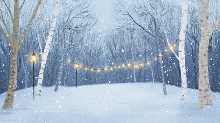 Enchanting Winter Pathway Illuminated by Warm Lights Nestled Among Snowy Trees