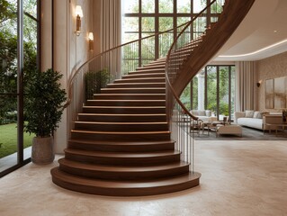 Obraz premium Luxurious Wood Staircase in Contemporary Home with Garden View - Elegant Interior Design Concept