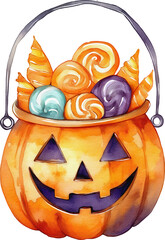 Watercolor Halloween Pumpkin Bucket full of sweets and candies illustration on transparent background