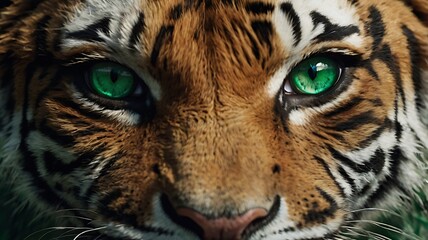 A close-up 3D render of a young face seamlessly blended with a tiger's features, showcasing fierce tiger stripes and intense emerald eyes, symbolizing strength and grace.