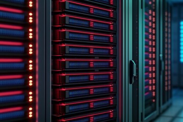 Naklejka premium Futuristic Data Center Technology Closeup of Illuminated Server Rack with Red Lights, Blue Ambiance in High-Tech Environment - Concept of Innovation and Connectivity
