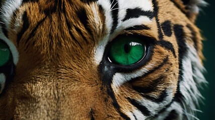 A close-up 3D render of a young face seamlessly blended with a tiger's features, showcasing fierce tiger stripes and intense emerald eyes, symbolizing strength and grace.