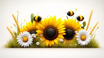 Summertime Sunflowers: A vibrant illustration of sunflowers, daisies, and buzzing bumblebees in a lush meadow. The scene evokes a sense of warmth, joy, and the beauty of nature.  