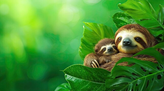 Two sloths cuddling among lush green leaves in a tropical environment.