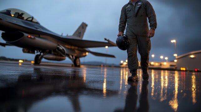 A fighter pilot in a gray flight suit strides away from a sleek fighter jet on a wet runway, helmet under his arm, reflecting the shimmering lights and rain