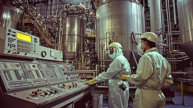 Vintage 1970 Industrial Workers in 1970s Factory Control Room with Modern Equipment
