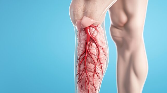 A detailed look at varicose veins in the calf, with visible discoloration and knotted veins protruding beneath the surface of the skin.