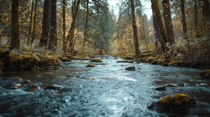 Tranquil forest stream in sunlight