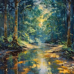 Fototapeta premium Beautiful stream painting in tropical forest - beautiful natural landscape in the forest