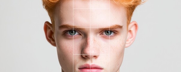 A front-facing portrait with a golden ratio grid overlaid on the young face's symmetry, contrasted with an older face where the features fall outside these proportions.