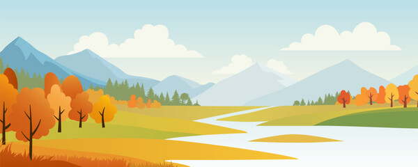 An autumn landscape featuring a serene river flowing through a valley, surrounded by trees and mountains. The scene includes bright fall colors, a blue sky. Not AI.