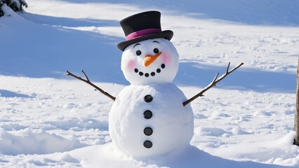 Fototapeta premium A cheerful snowman with a top hat, carrot nose, and button decorations in a snowy landscape.