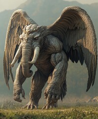 Fototapeta premium A majestic hybrid creature with an elephant's body and wings standing in a grassy mountain backdrop.