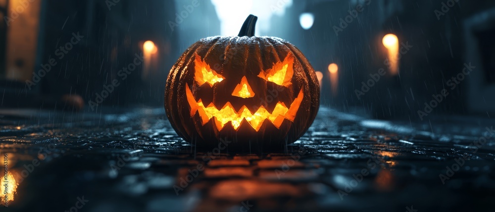 Wall mural  A jack-o-lantern pumpkin sits in the rain-soaked street at night, its hollowed face aglow with an eerie light