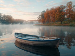 Tranquil Lakeside Serenity Closeup of Wooden Rowboat in Misty Dawn Light Reflecting Still Water and Autumn Trees - Peaceful Nature Scene for Wall Art, Calendars, Relaxation Themes