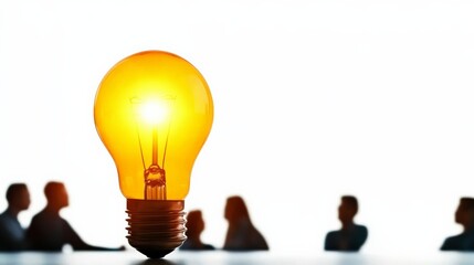 Silhouettes of people in discussion with a glowing light bulb symbolizing creativity and innovation, isolated on a white background.
