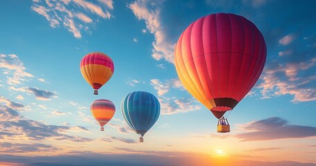 Fototapeta premium Colorful hot air balloons in a vibrant sky at sunrise