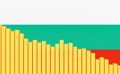 Bulgaria, sinking bar chart with Bulgarian flag. Weak economy, recession. Negative development of GDP, jobs, productivity, real estate prices, retail sales or falling industrial production.