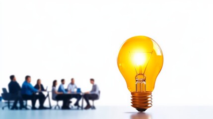 Team brainstorming session represented by a glowing light bulb, symbolizing innovative ideas and creative solutions in a business environment.