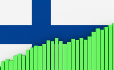 Finland, rising bar chart with Finish flag. Emerging economy, growth. Positive development of GDP, jobs, productivity, real estate prices, retail sales or rising industrial production.