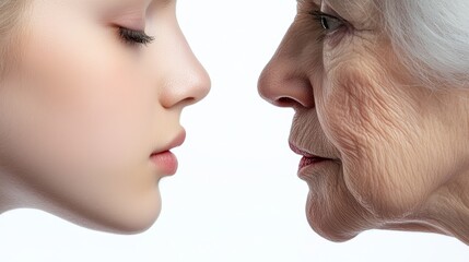 A side-by-side comparison of a young, perfectly symmetrical face and an older face with visible wrinkles, sagging skin, and asymmetry.