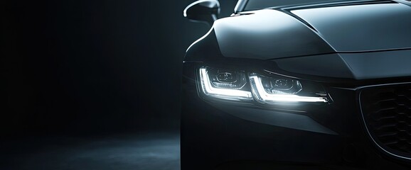 Close-up view of a sleek luxury car front headlight, showcasing modern design and high-end automotive craftsmanship against a dark background