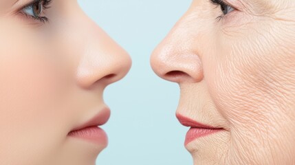 Obraz premium A side-by-side comparison of a young, perfectly symmetrical face and an older face with visible wrinkles, sagging skin, and asymmetry.
