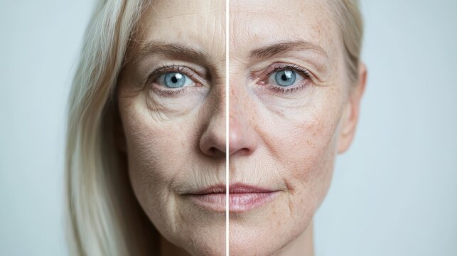 A side-by-side portrait showing how aging causes the skin to sag unevenly on the face, creating asymmetries in the chin, cheeks, and forehead.