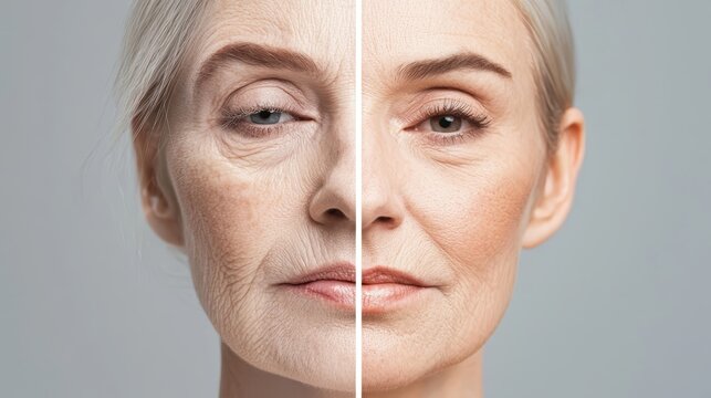 A side-by-side portrait showing how aging causes the skin to sag unevenly on the face, creating asymmetries in the chin, cheeks, and forehead.