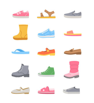 Kids shoes collection. Basic types of footwear for children. Sneakers, sandals, boots, ballet flats, loafers, slippers. Simple color flat icons for kids clothing shop. Side view pictograms, isolated