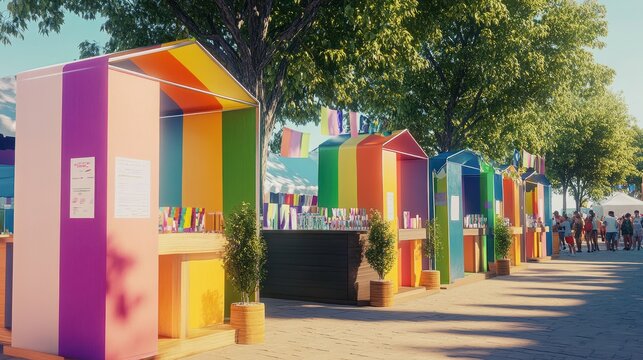Informational booths at a Pride event, providing support and resources to the community, enhancing inclusivity and engagement. , natural light, soft shadows, with copy space