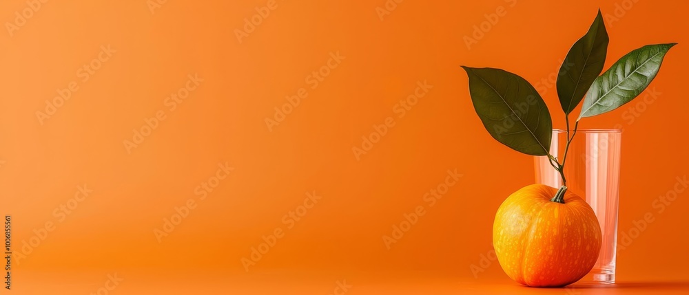 Wall mural  A orange with a green leaf attached, adjacent to a tall vase bearing a green leaf