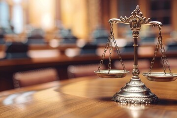 Lawyer presenting evidence in courtroom, judge listening intently in wooden legal setting