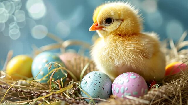 A fluffy yellow chick sits in a nest of hay with colorful Easter eggs