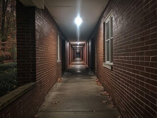 Fototapeta premium Vanishing Point Intimate Closeup of Rustic Brick Hallway with Warm Illumination, Solitude and Depth Atmospheric Concept for Isolation Stock Photo for Architecture, Interior Design