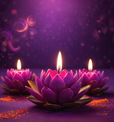 Vesak day celebration lotus lily purple candle light, blank copy space background for banner, template, social media post. Generative ai.