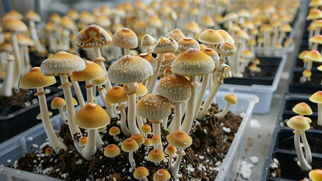 A close-up of golden-capped mushrooms growing in a tray of soil under artificial lights