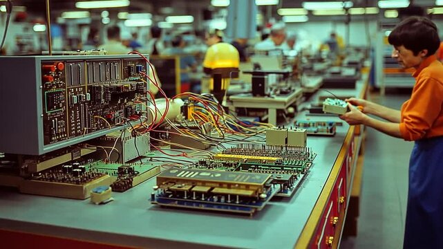 Vintage 1970 Factory with Engineers Working on Electronics in VHS Footage Style