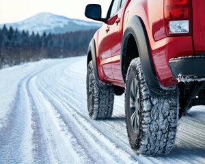 Dynamic Close-up of Red Pickup Truck's Snow-Covered Tire on Wintery Road, Motion Blur and Tire Tracks in Snow - Winter Driving Concept