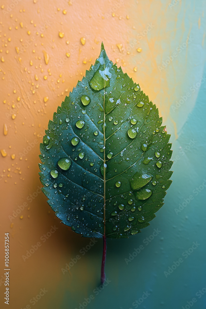 Poster a single leaf with droplets of dew, floating softly on a pastel canvas,