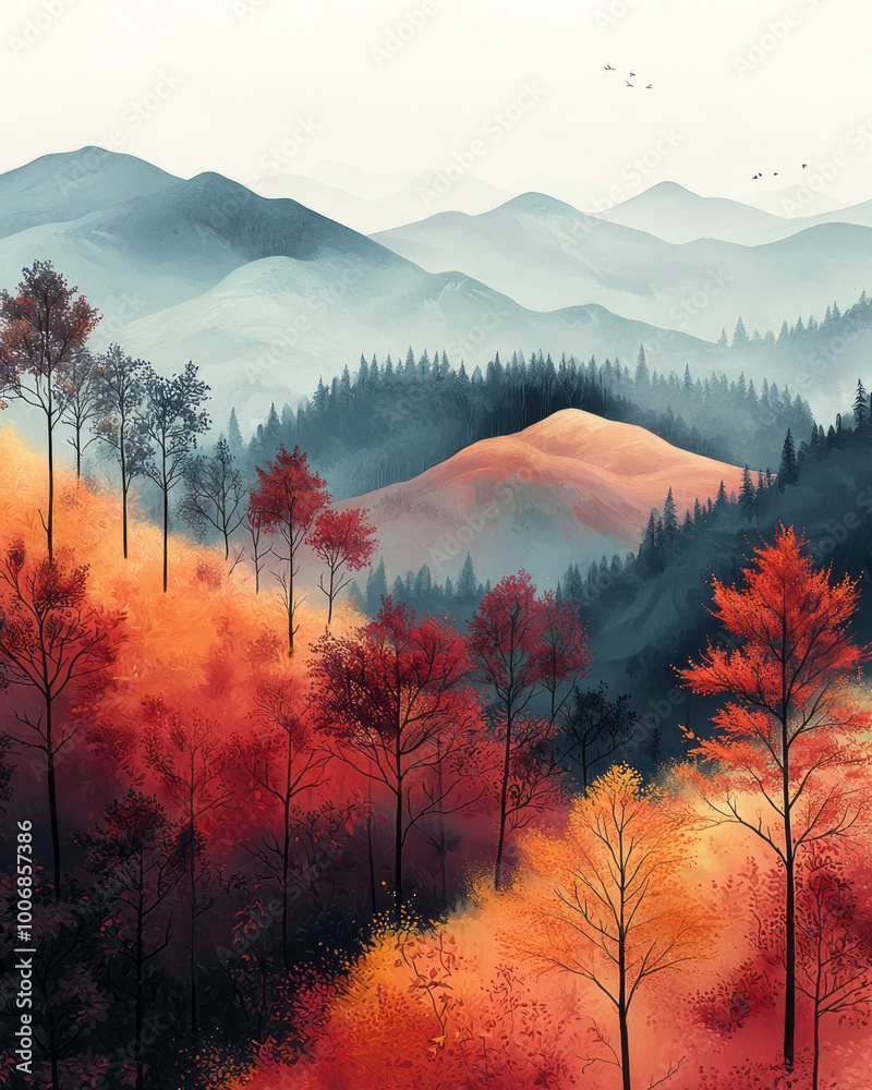 Poster a misty landscape with rolling hills and colorful trees in the foreground, floating on a light paste