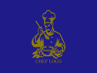 Cook, chef preparing a dish, logo design with blue background and yellow gold color image, restaurant and catering, design and vector illustration