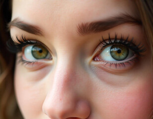A close-up of a woman's eye with long eyelashes and a vibrant green iris