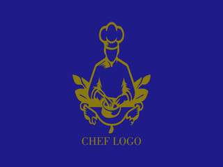 Cook, chef preparing a dish, logo design with blue background and yellow gold color image, restaurant and catering, design and vector illustration